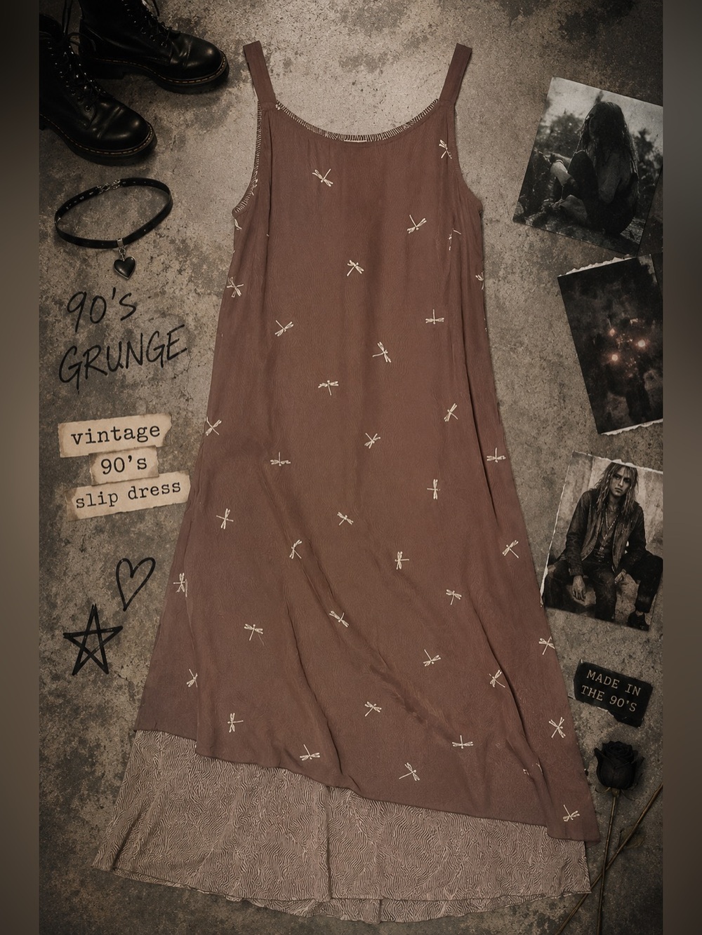 Vintage 90s Taupe Dragonfly Layered Maxi Slip Dress Size 2 Fits M Grunge Fairy
